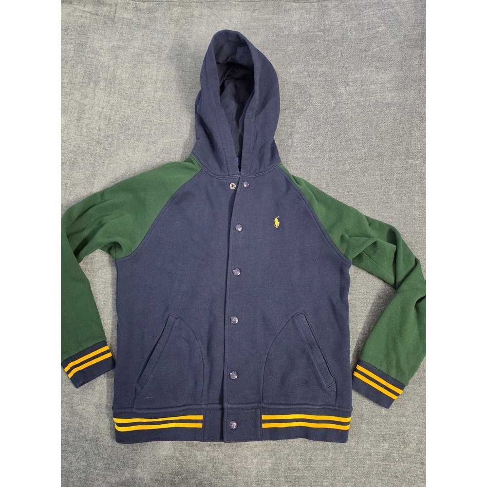 Polo Ralph Lauren Boys L 14-16 Navy Green Varsity Snap Front Hoodie Sweatshirt